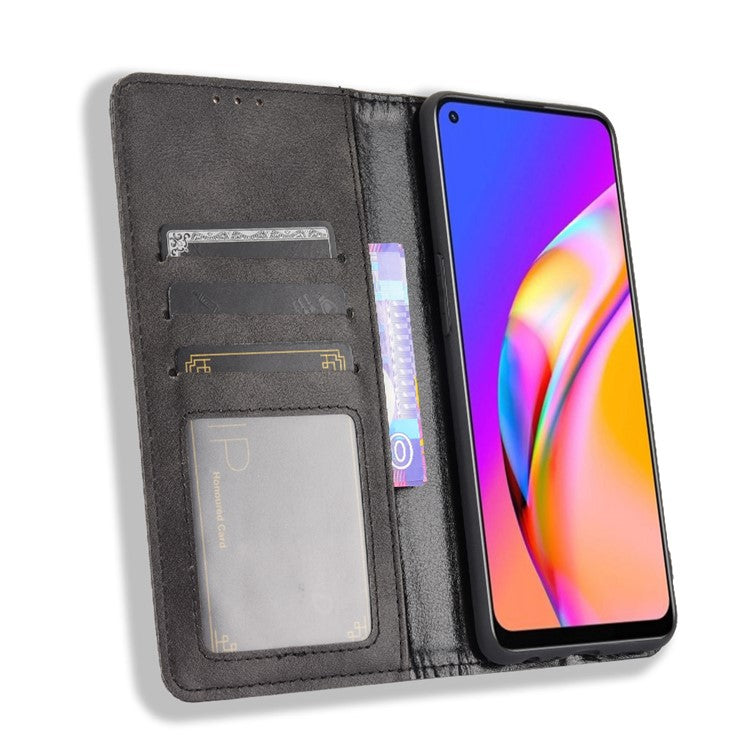 Vintage Style Leather Wallet Case for OPPO A94 4G/F19 Pro 4G/Reno5 F - Black