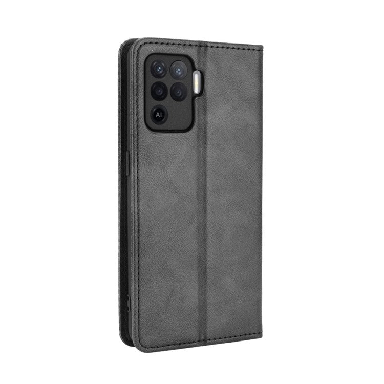Vintage Style Leather Wallet Case for OPPO A94 4G/F19 Pro 4G/Reno5 F - Black