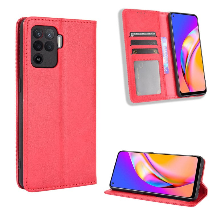 Vintage Style Leather Wallet Case for OPPO A94 4G/F19 Pro 4G/Reno5 F - Red