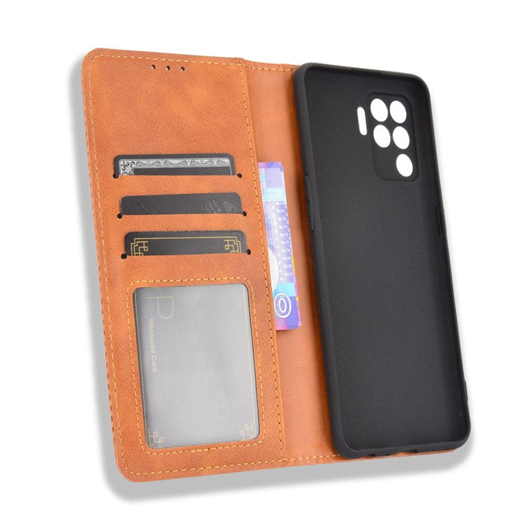 Vintage Style Leather Wallet Case for OPPO A94 4G/F19 Pro 4G/Reno5 F - Brown