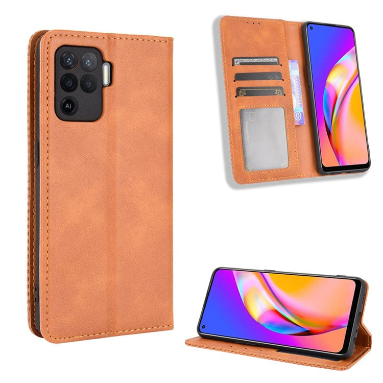 Vintage Style Leather Wallet Case for OPPO A94 4G/F19 Pro 4G/Reno5 F - Brown