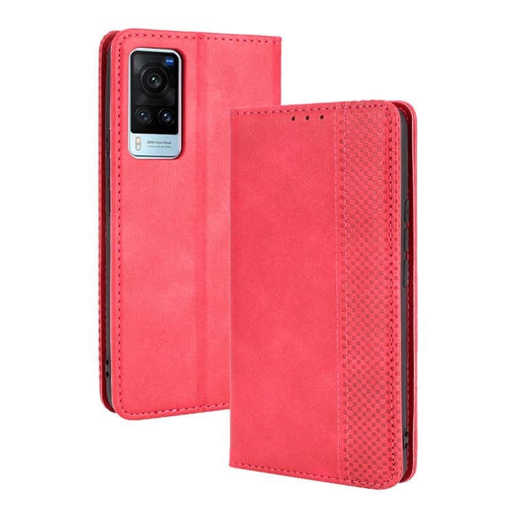 Vintage Style Leather Wallet Phone Case for vivo X60 - Red
