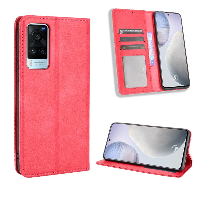 Vintage Style Leather Wallet Phone Case for vivo X60 - Red