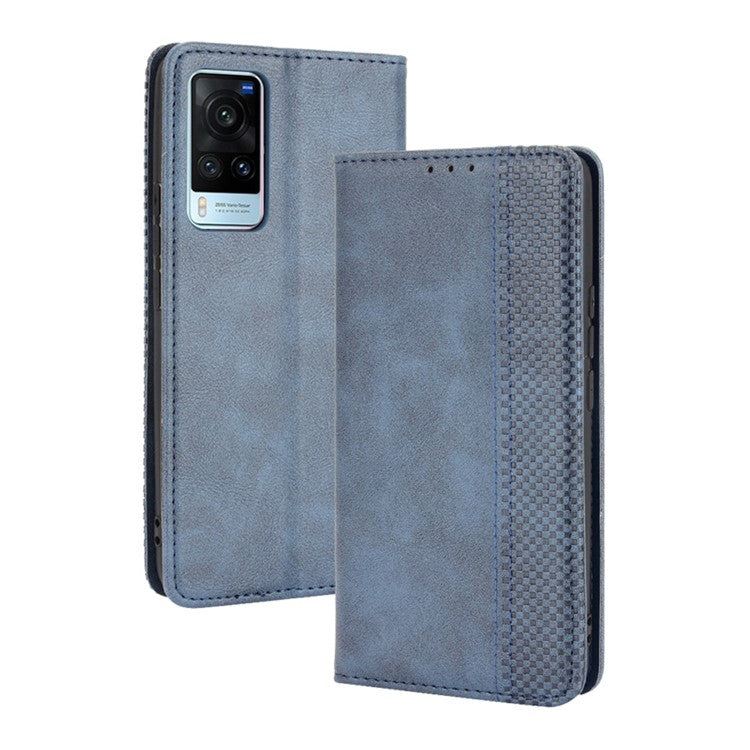 Vintage Style Leather Wallet Phone Case for vivo X60 - Blue
