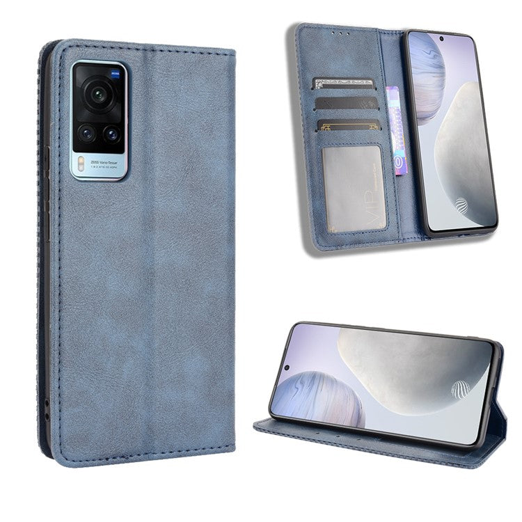 Vintage Style Leather Wallet Phone Case for vivo X60 - Blue