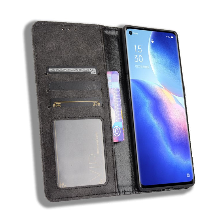 Vintage Style PU Leather Wallet Case for OPPO Reno5 Pro Plus/Find X3 Neo - Black