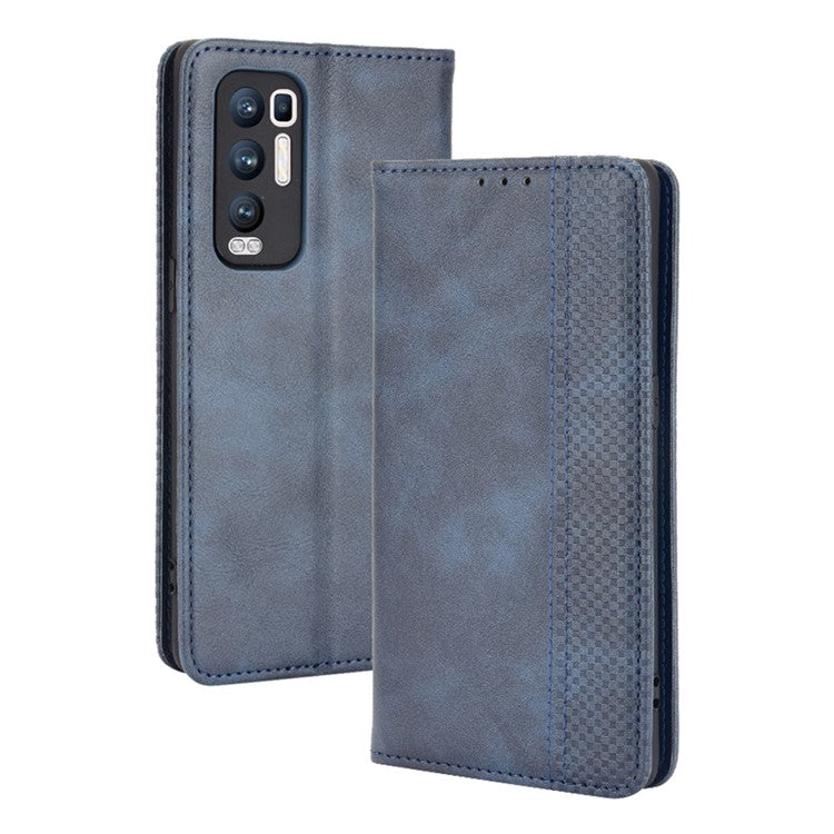 Vintage Style PU Leather Wallet Case for OPPO Reno5 Pro Plus/Find X3 Neo - Blue