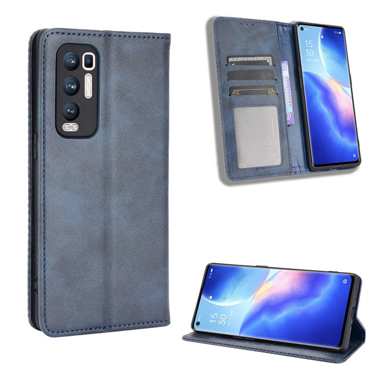 Vintage Style PU Leather Wallet Case for OPPO Reno5 Pro Plus/Find X3 Neo - Blue