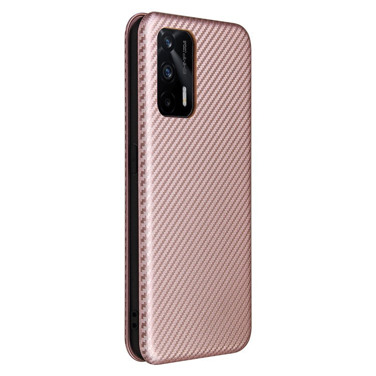Auto-absorbed Carbon Fiber Texture Stand Cover for Realme GT 5G Leather Case - Rose Gold