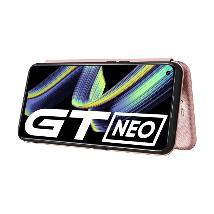 Auto-absorbed Carbon Fiber Texture Stand Cover for Realme GT 5G Leather Case - Rose Gold