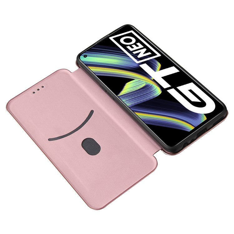 Auto-absorbed Carbon Fiber Texture Stand Cover for Realme GT 5G Leather Case - Rose Gold