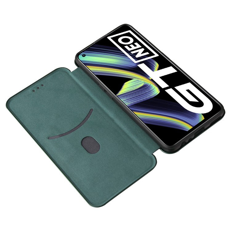 Auto-absorbed Carbon Fiber Texture Stand Cover for Realme GT 5G Leather Case - Green