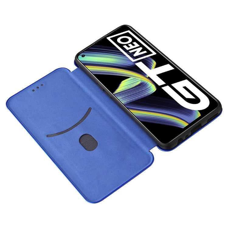 Auto-absorbed Carbon Fiber Texture Stand Cover for Realme GT 5G Leather Case - Blue