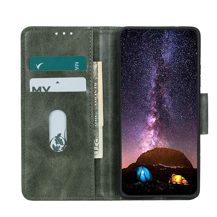 Crazy Horse PU Leather Wallet Stand Protector Cover for Oppo A54 5G/A93 5G/A74 5G - Blackish Green
