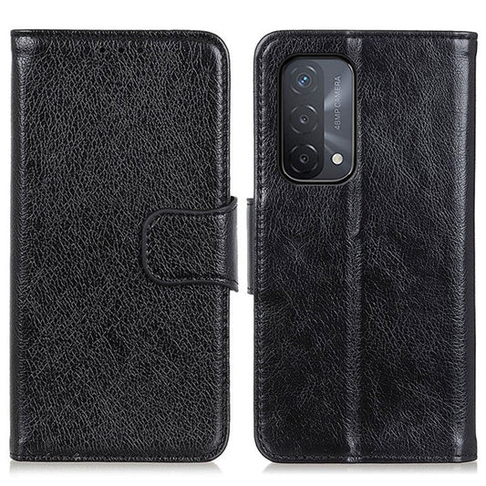 Nappa Texture Full-Protection Split Leather Wallet Stand Phone Cover Shell for Oppo A54 5G/A74 5G/A93 5G - Black