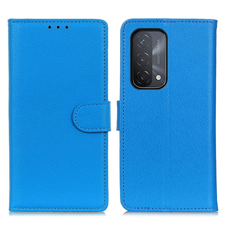 Litchi Skin Leather Full-Protection Phone Shell Case  Cover with Wallet Stand for Oppo A93 5G / A54 5G / A74 5G - Blue