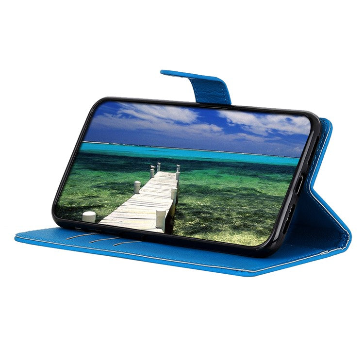 Litchi Skin Leather Full-Protection Phone Shell Case  Cover with Wallet Stand for Oppo A93 5G / A54 5G / A74 5G - Blue