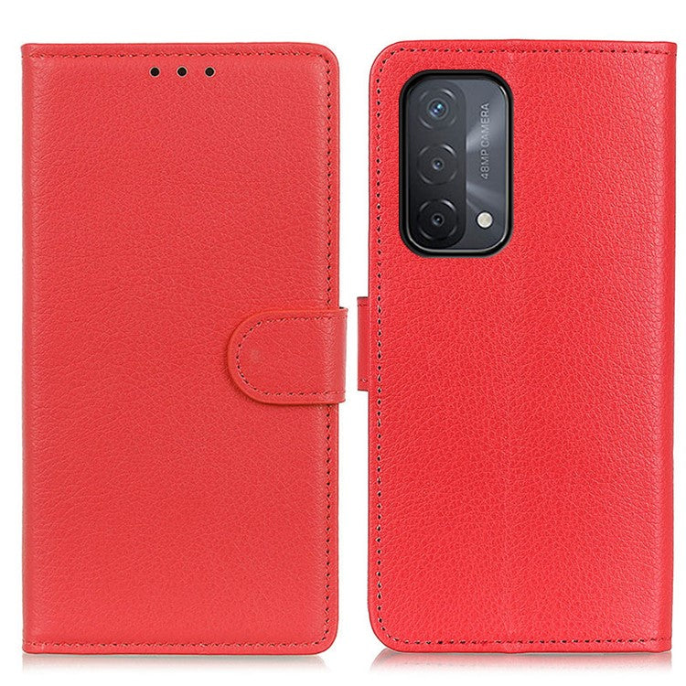 Litchi Skin Leather Full-Protection Phone Shell Case  Cover with Wallet Stand for Oppo A93 5G / A54 5G / A74 5G - Red