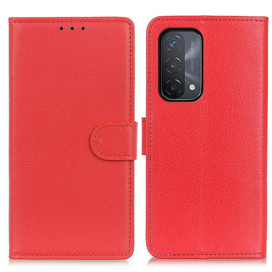 Litchi Skin Leather Full-Protection Phone Shell Case  Cover with Wallet Stand for Oppo A93 5G / A54 5G / A74 5G - Red
