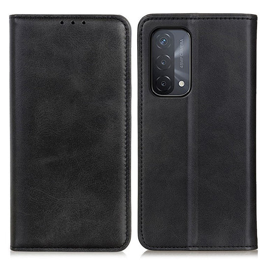 Auto-absorbed Split Leather Wallet Phone Cover for Oppo A93 5G/A54 5G/A74 5G - Black