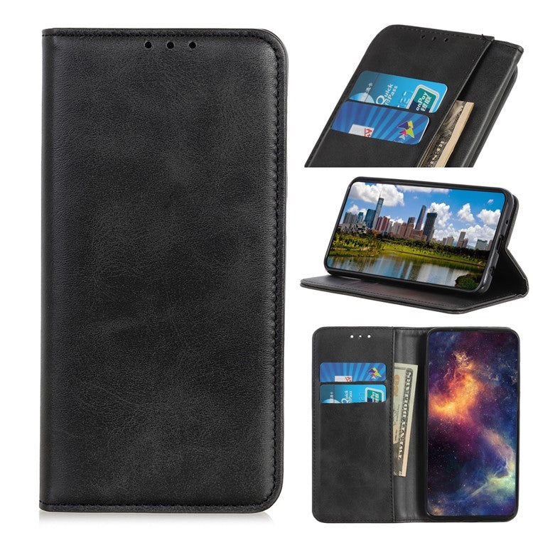 Auto-absorbed Split Leather Wallet Phone Cover for Oppo A93 5G/A54 5G/A74 5G - Black