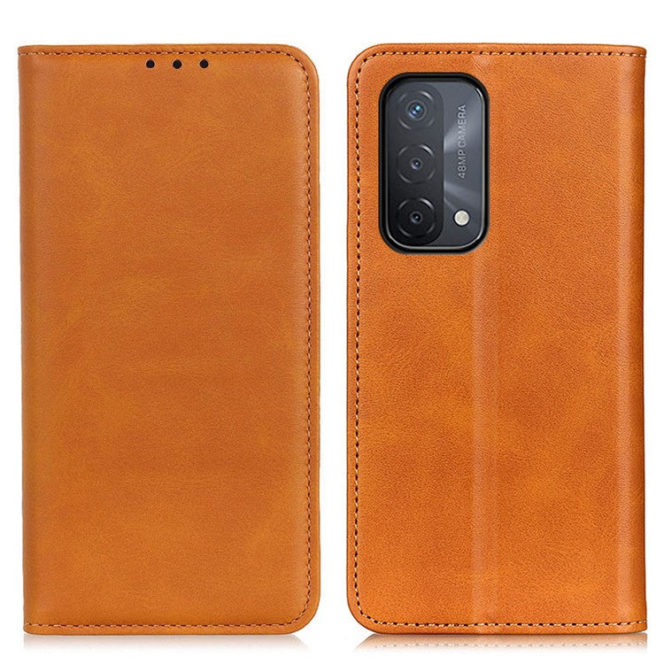 Auto-absorbed Split Leather Wallet Phone Cover for Oppo A93 5G/A54 5G/A74 5G - Brown