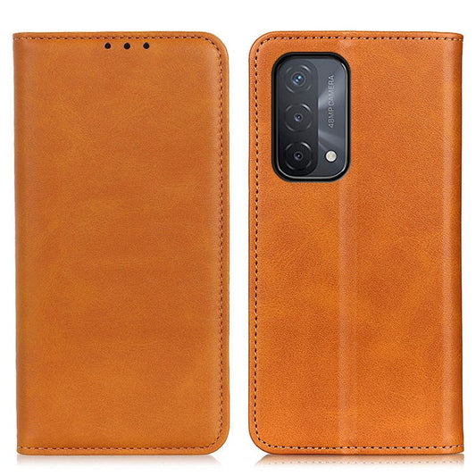 Auto-absorbed Split Leather Wallet Phone Cover for Oppo A93 5G/A54 5G/A74 5G - Brown