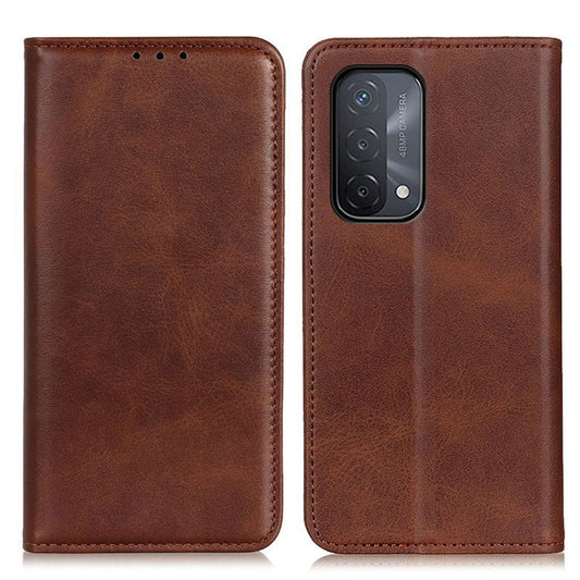 Auto-absorbed Split Leather Wallet Phone Cover for Oppo A93 5G/A54 5G/A74 5G - Coffee