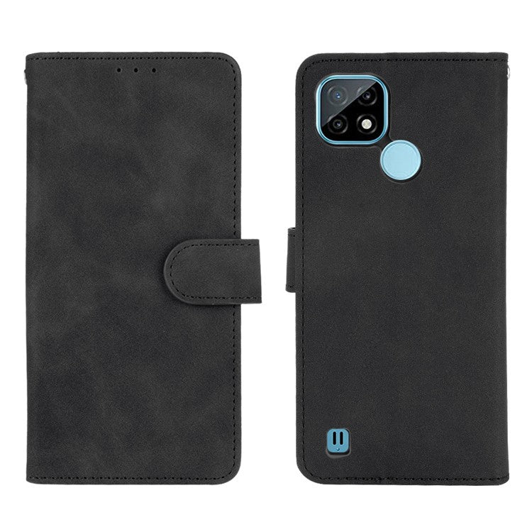 Skin-touch PU Leather Wallet Phone Cover with Supporting Stand for Realme C21 - Black