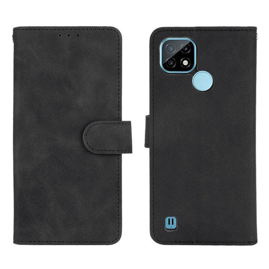 Skin-touch PU Leather Wallet Phone Cover with Supporting Stand for Realme C21 - Black