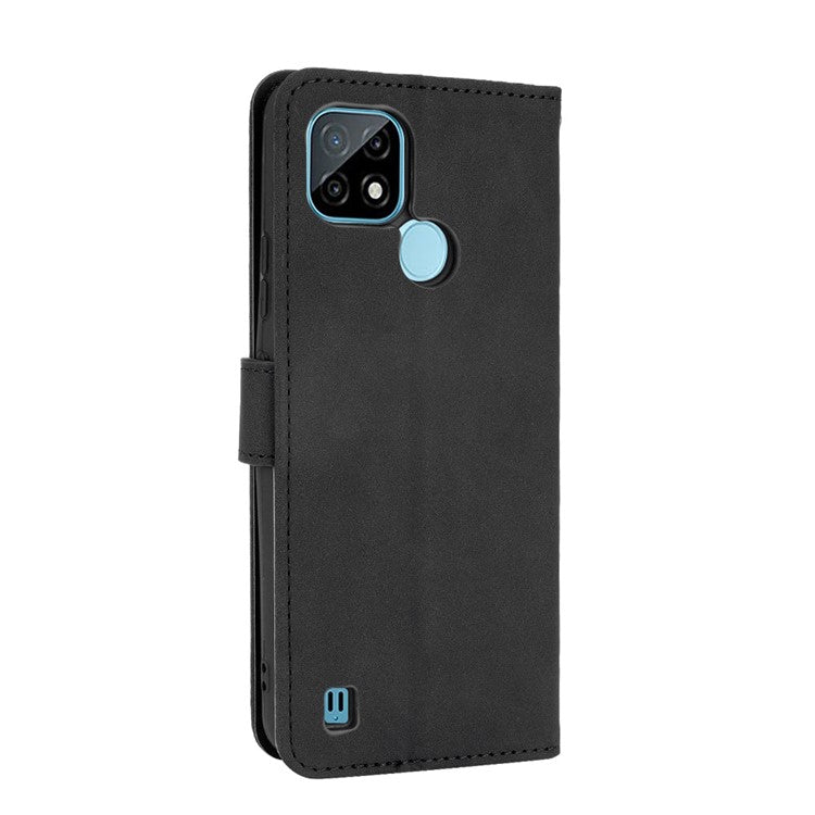 Skin-touch PU Leather Wallet Phone Cover with Supporting Stand for Realme C21 - Black