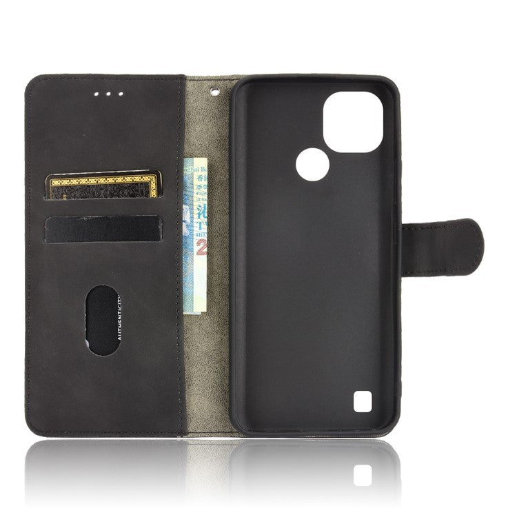 Skin-touch PU Leather Wallet Phone Cover with Supporting Stand for Realme C21 - Black