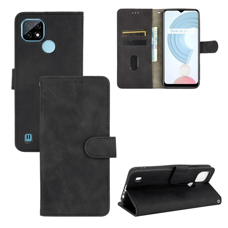 Skin-touch PU Leather Wallet Phone Cover with Supporting Stand for Realme C21 - Black