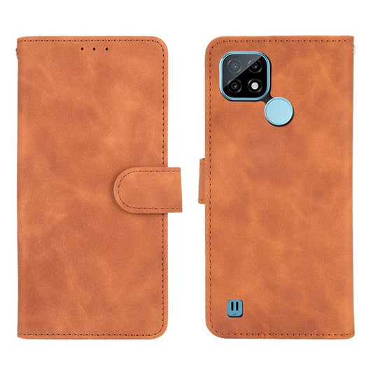 Skin-touch PU Leather Wallet Phone Cover with Supporting Stand for Realme C21 - Brown