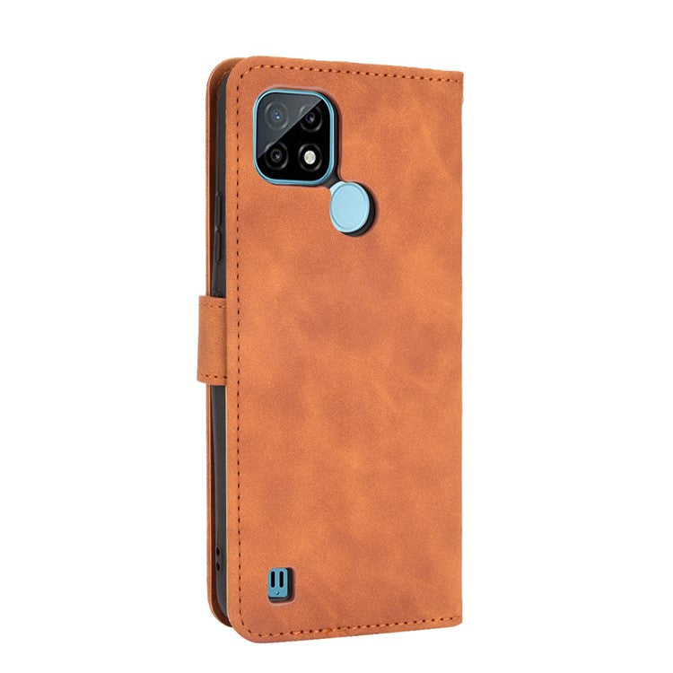 Skin-touch PU Leather Wallet Phone Cover with Supporting Stand for Realme C21 - Brown