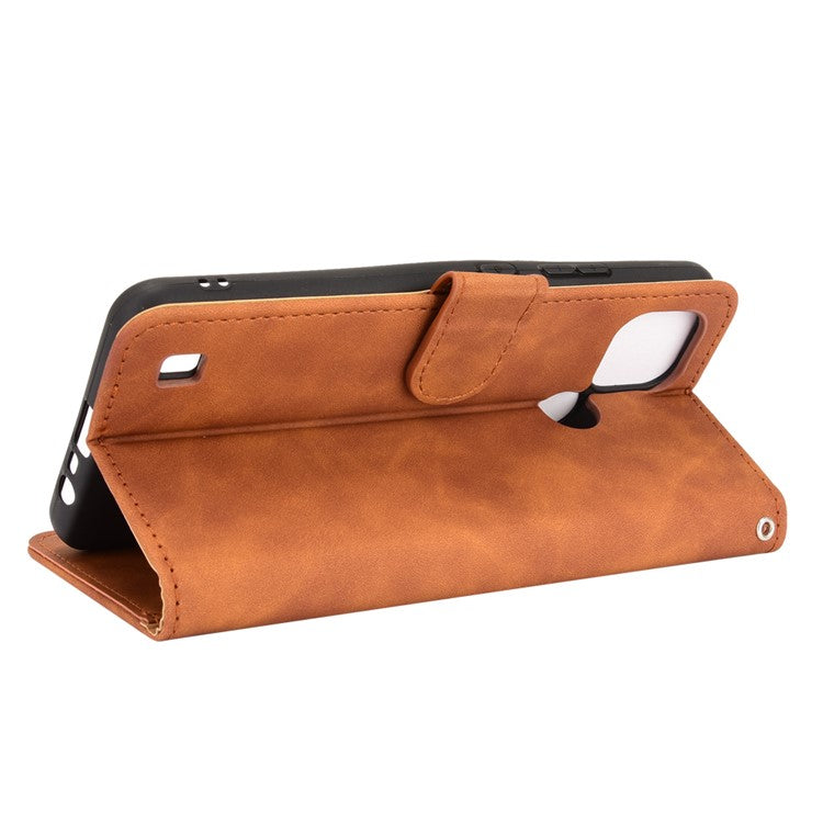 Skin-touch PU Leather Wallet Phone Cover with Supporting Stand for Realme C21 - Brown