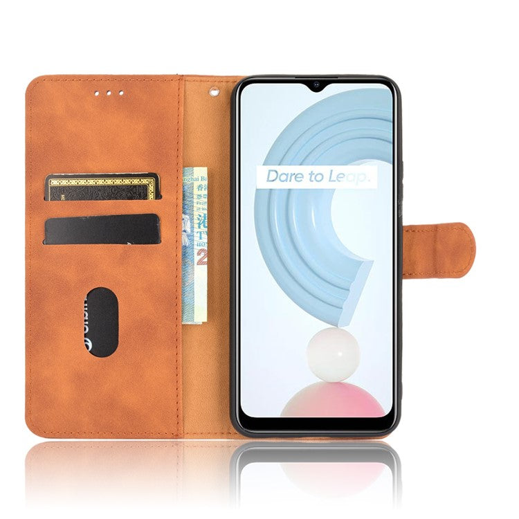 Skin-touch PU Leather Wallet Phone Cover with Supporting Stand for Realme C21 - Brown