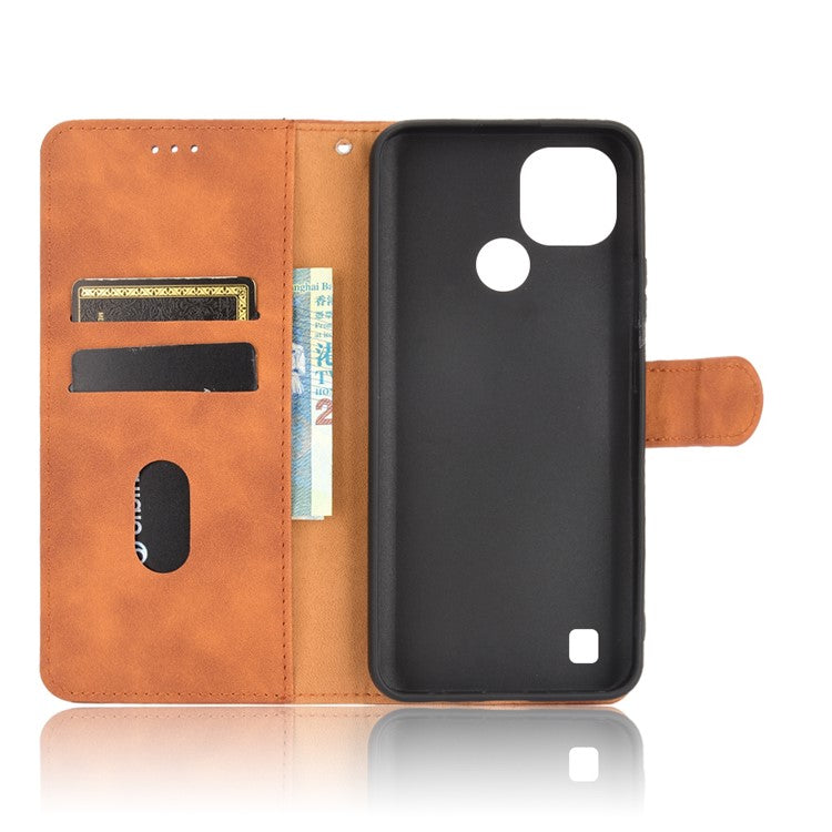 Skin-touch PU Leather Wallet Phone Cover with Supporting Stand for Realme C21 - Brown