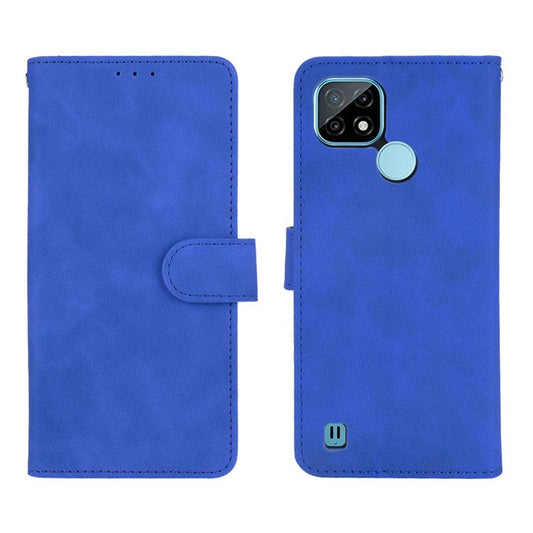 Skin-touch PU Leather Wallet Phone Cover with Supporting Stand for Realme C21 - Blue