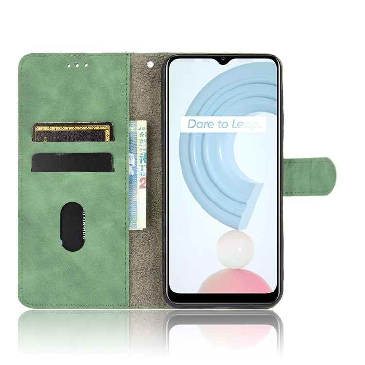 Skin-touch PU Leather Wallet Phone Cover with Supporting Stand for Realme C21 - Green