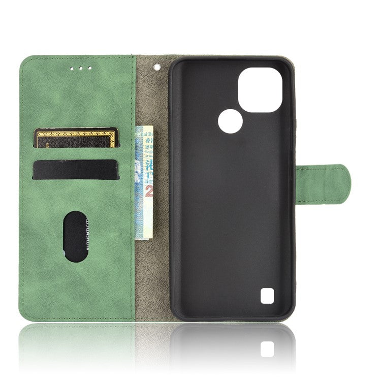 Skin-touch PU Leather Wallet Phone Cover with Supporting Stand for Realme C21 - Green