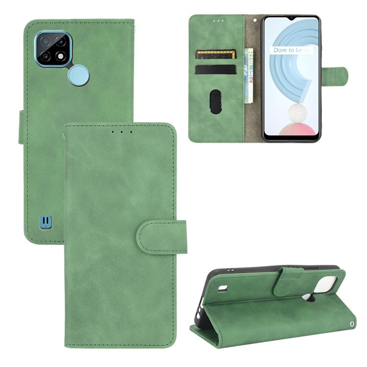 Skin-touch PU Leather Wallet Phone Cover with Supporting Stand for Realme C21 - Green