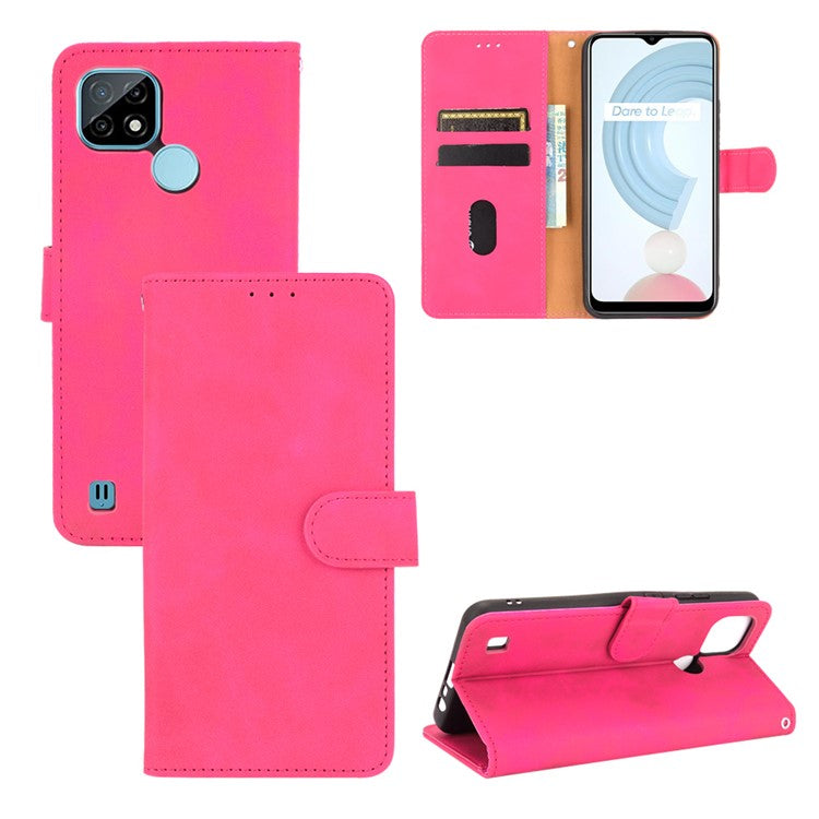 Skin-touch PU Leather Wallet Phone Cover with Supporting Stand for Realme C21 - Rose