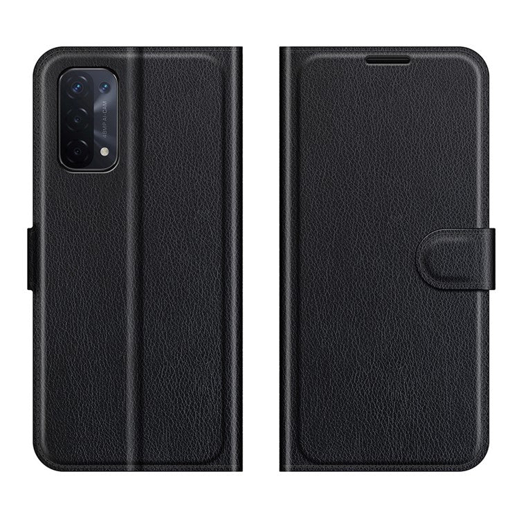 Folio Flip Litchi Texture Leather Wallet Phone Case with Stand for OPPO A54 5G/A93 5G/A74 5G/OnePlus Nord N200 5G - Black