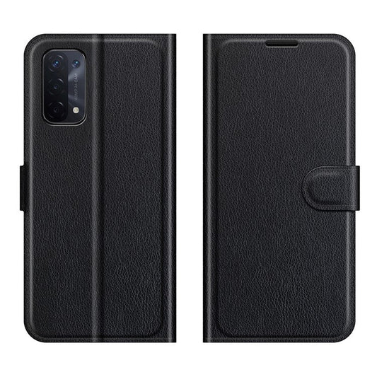 Folio Flip Litchi Texture Leather Wallet Phone Case with Stand for OPPO A54 5G/A93 5G/A74 5G/OnePlus Nord N200 5G - Black