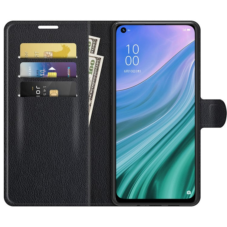 Folio Flip Litchi Texture Leather Wallet Phone Case with Stand for OPPO A54 5G/A93 5G/A74 5G/OnePlus Nord N200 5G - Black