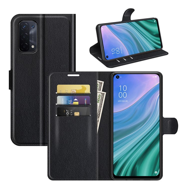 Folio Flip Litchi Texture Leather Wallet Phone Case with Stand for OPPO A54 5G/A93 5G/A74 5G/OnePlus Nord N200 5G - Black