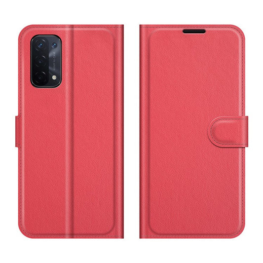 Folio Flip Litchi Texture Leather Wallet Phone Case with Stand for OPPO A54 5G/A93 5G/A74 5G/OnePlus Nord N200 5G - Red