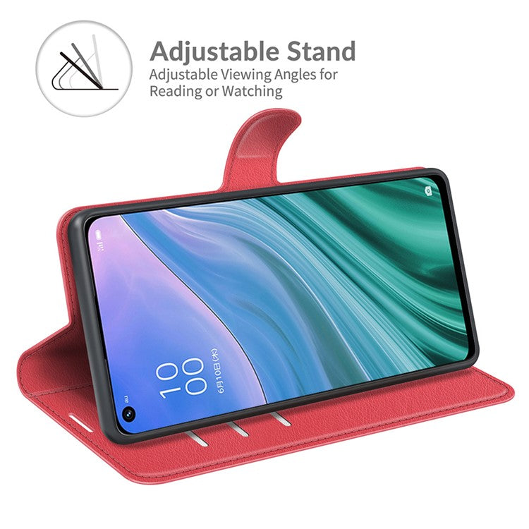 Folio Flip Litchi Texture Leather Wallet Phone Case with Stand for OPPO A54 5G/A93 5G/A74 5G/OnePlus Nord N200 5G - Red
