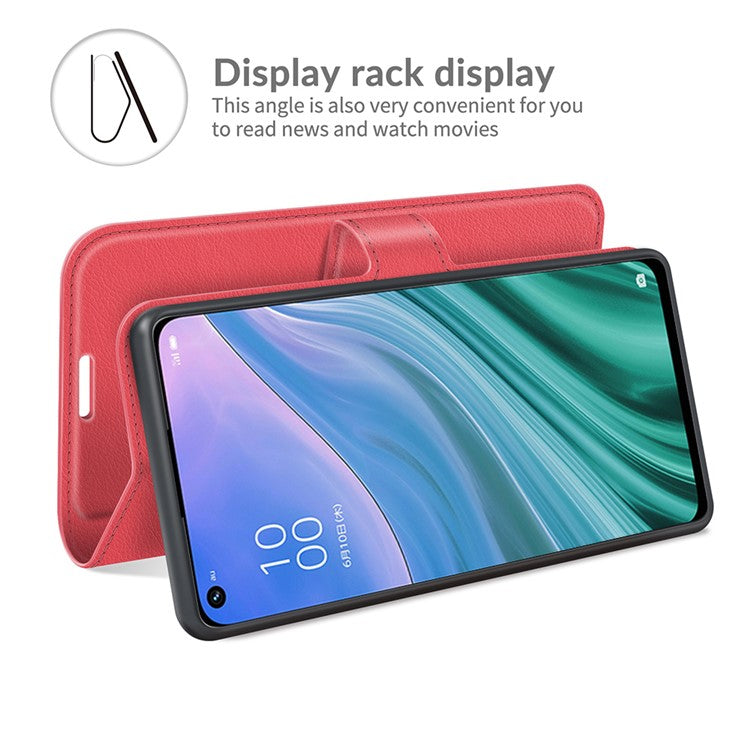 Folio Flip Litchi Texture Leather Wallet Phone Case with Stand for OPPO A54 5G/A93 5G/A74 5G/OnePlus Nord N200 5G - Red
